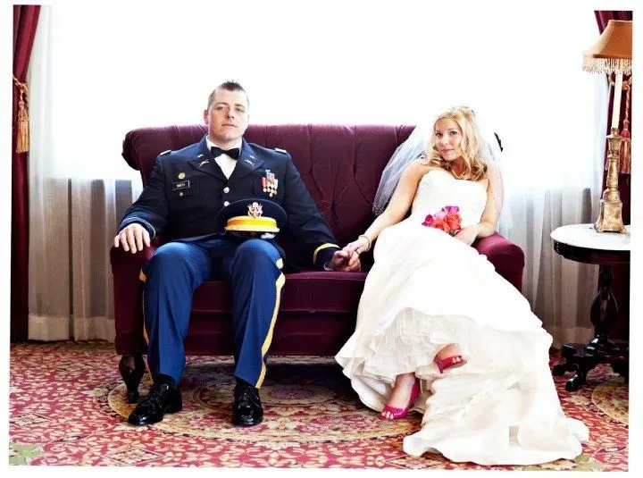 With Julie on their wedding day. Mark C. Smith and his wife Julie seated together on their wedding day.