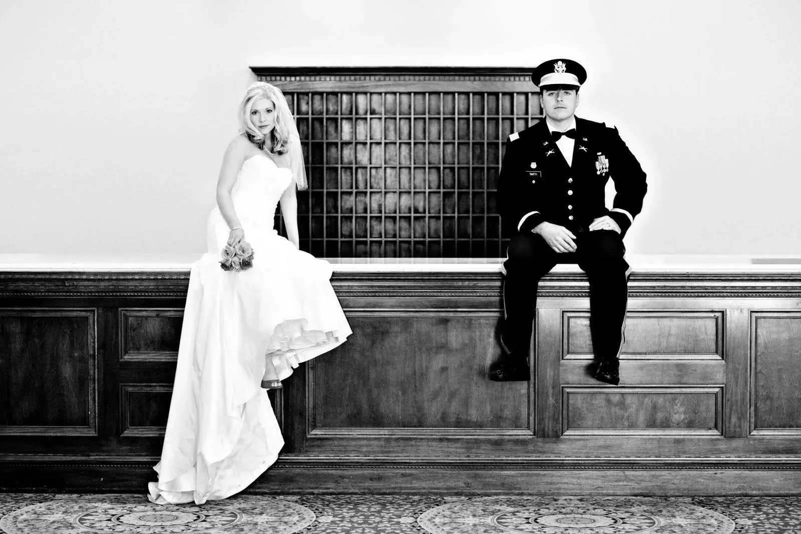 Wedding day — Mark in U.S. Army dress uniform. Mark C. Smith in U.S. Army dress uniform with Julie in her wedding gown, photographed in black and white.